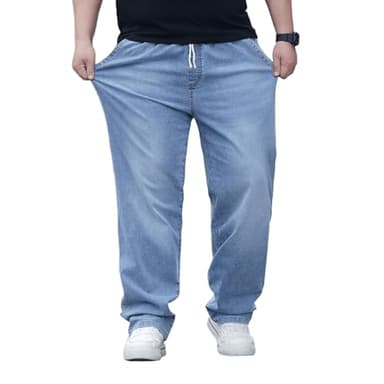 Plus Size Baggy Jeans for Men Elastic Waist Pull On Denim Pants Drawstring Straight Loose Jean Sweatpants L-5XL Light Blue