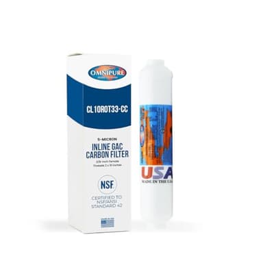 Omnipure CL10ROT33-CC Inline GAC Carbon Filter 5-Micron, 10" x 2" with 3/8" Female Thread Fittings, Removes Chlorine and Improves Taste & Odor for RO Systems, Ice Makers, Water Coolers, Fountains