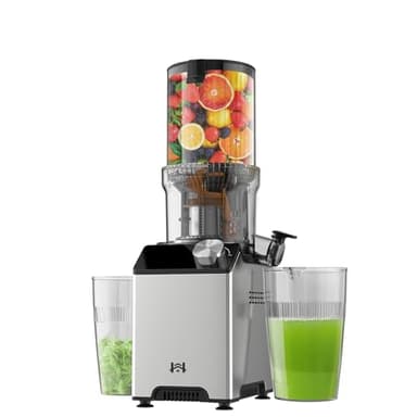 WHUTO Cold Press Juicer, Wide Feed Chute Juicer Machines, Stainless Steel Slow Masticating Juicers Easy to Clean, Vegetables & Fruits Juice Extractor, High Juice Yield, Silver Color Knob