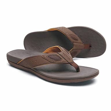 MEGNYA Men's Orthotic Flip Flops Plantar Fasciitis Thong Sandals with Arch Support for Flat Feet Heel Pain Toe Post Shoes Comfort Slippers Brown Size 11
