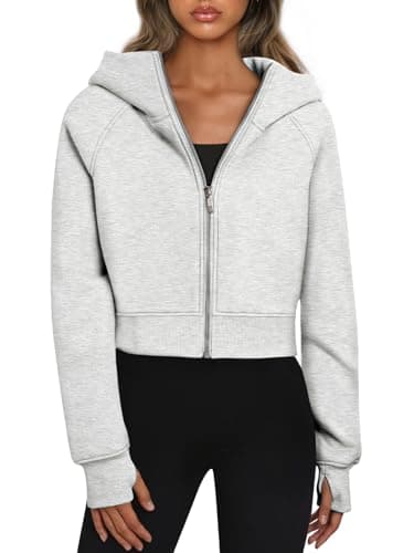 Trendy Queen Womens Zip Up Hoodies Jackets Cropped Sweatshirts Fleece Fall Outfits Casual Comfy Y2k Tops Winter Clothes 2025 Grey L