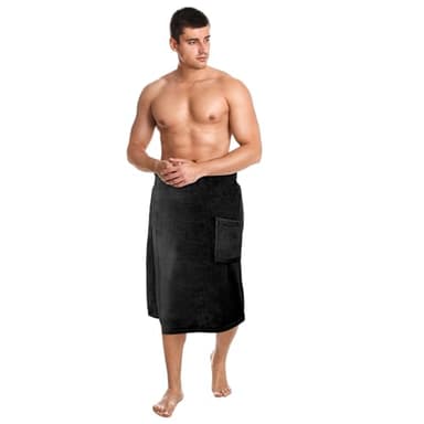 Tudomro 1 Pcs Men's Bath Wrap Towel X-Large Shower Adjustable Terry Body Spa Towel with Pocket After Shower Wrap for Men Gift Spa College Bath Dorm Room Gym (Black)
