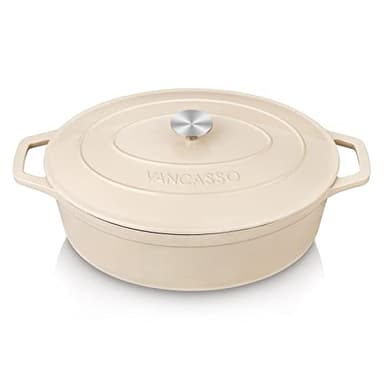 vancasso Enameled Cast Iron Dutch Oven, 9.3 Quart Dutch Oven Pot with Lid, Oval Cast Iron Pot with Non Stick Enamel Coating for Bread Baking, White