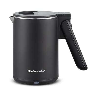 Elite Gourmet Dual Voltage 120-230V, Travel Double Wall Insulated Cool-Touch, 0.6L Electric Kettle Stainless Steel Interior, Hinged-Locking Lid, Auto Shut-Off, Boil Dry Protection, Black
