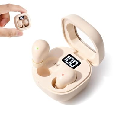 GreatQIQI Invisible Mini Sleep Earbuds for Side Sleepers, Ultra-Comfortable & Feather-Light Bluetooth 5.4 Sleep Headphones, LED Display Portable Case Small Earphones for Sleep Work Sports (Beige)