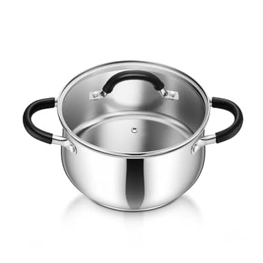 P&P CHEF Stainless Steel Stock Pot, 4 Qt Cooking Soup Pot with Visible Lid for Pasta, Tri-Ply Bottom & Dual Heatproof Handles, For Induction Gas All Stoves, Non-Toxic & Dishwasher Safe