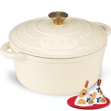 Overmont Enameled Cast Iron Dutch Oven - 7QT Pot with Lid Cookbook & Cotton Potholders - Heavy-Duty Cookware for Braising, Stews, Roasting, Bread Baking Cream White