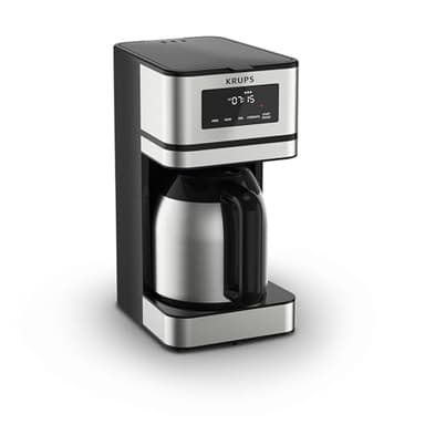 Krups Simply Brew Stainless Steel and Thermal Carafe Drip Coffee Maker 12 Cup Programmable, Customizable, Digital Display, Insulated Coffee Filter, Dishwasher Safe, Drip Free Silver and Black