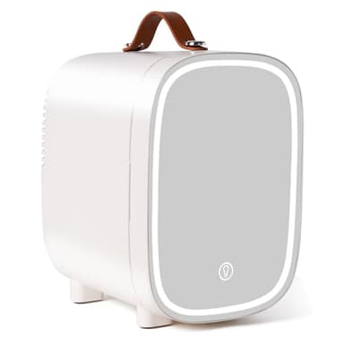 FANSEXPERT Mini Fridge for Bedroom, 4 Liter/6 Can Skincare Fridge With LED Mirror,12v AC/DC Cooler & Warmer Portable Small Refrigerator for Drinks, Makeup, Dorm, Office and Car(White)