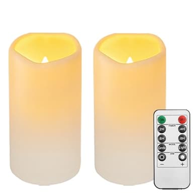 Biyanuo 2PACK Outdoor Plastic flameless Candles with Remote Control and Timer, LED Flickering Battery Operated Electric Pillar Candles (D3 xH5.5) for Camping, Weddings, Home Decoration