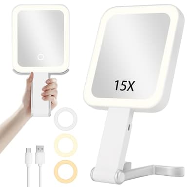 DECLUTTR Travel Makeup Mirror with Lights, Rechargeable 15X/1X Double-Sided Magnifying Mirror with 3 Color Lights, Brightness Adjustable, Portable Handheld Mirror Tabletop, Gift for Women