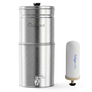 Culligan MaxClear 2.25 Gallon Gravity Water Filter System, Brushed Stainless-Steel Countertop Water Filter NSF/ANSI Certified to Reduce Microplastics, Lead & Total PFAS, with 1 Ceramic Filter