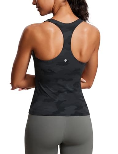 CRZ YOGA Butterluxe Workout Tank Tops for Women Built in Bras Padded - Racerback Athletic Spandex Yoga Camisole Dark Grey Camouflage 2 Medium