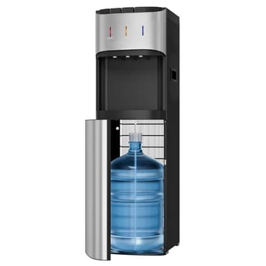 Tehanld Bottom Loading Water Cooler Dispenser for 3 or 5 Gallon Bottles, Stainless Steel Water Dispenser with Hot, Room & Cold Water, Child Safety Lock, Metallic Silver