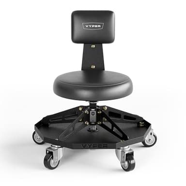 Vyper Robust Steel Sport Shop Chair for Mechanics, Automotive, DIY - 300 lb Capacity Garage Stool with Backrest & Large Wheels (Black Seat, Black Frame)