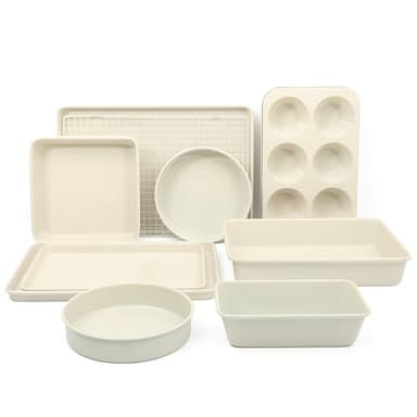 Martha Stewart Gallen 10 Piece Baking Pans Ceramic PFA Free Non Toxic Non Stick Bakeware Set - Linen White