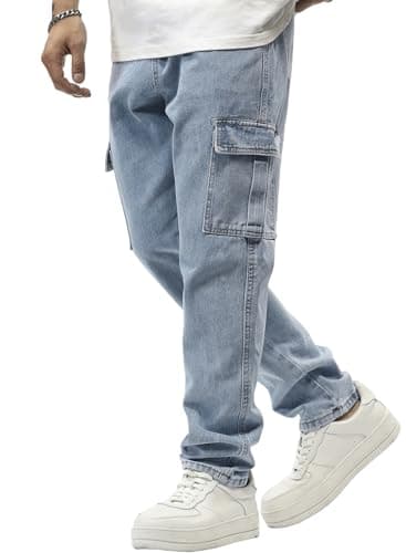 JMIERR Men's Drawstring Waist Jeans with Side Pockets Athletic Hybrid Denim Sweatpants Look for Weekend Lounging, 42, Sky Blue