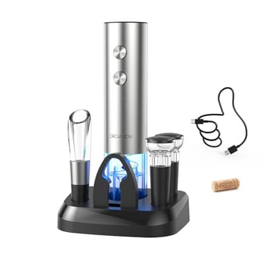 CIRCLE JOY Electric Wine Opener Stainless Steel Rechargeable Automatic Wine Bottle Opener Set 7-in-1 Wine Gifts for Wine Lovers with Charging Base, Foil Cutter, Wine Aerator Pourer & 2 Vacuum Stoppers