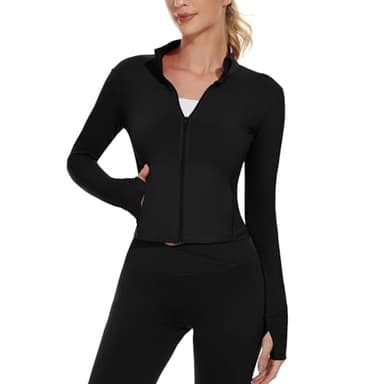 M MOTEEPI Workout Cropped Black Define Jacket Women Running with Zip Pockets Athletic Crop Jackets Yoga Gym Thumb Holes Medium
