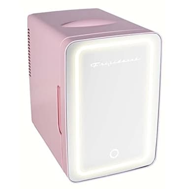 FRIGIDAIRE Mini Personal Fridge Cooler, LED Lighted Mirror, 6.5L Capacity, 9 Cans, 100% Freon-Free & Eco Friendly, for Makeup, Skincare, Portable, Pink