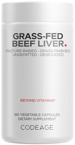Codeage Grass Fed Beef Liver Supplement Superfood, Freeze Dried, Non-Defatted, Desiccated Glandulars Bovine Pills, Pasture Raised Beef Vitamins, Non-GMO Liver Meat, 180 Capsules