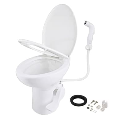 SEAFLO Porcelain RV Toilet with Sprayer Attachment - Elongated Bowl 19” Inch Residential Height, Gravity Flush, Foot Pedal Soft Close Seat Camper Motorhome Easy Install 4 -year Warranty SFRTCH-02-02