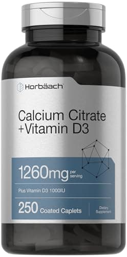 Horbäach Calcium Citrate with Vitamin D3 | 1260 mg | 250 Caplets | Vegetarian, Non-GMO, Gluten Free Supplement