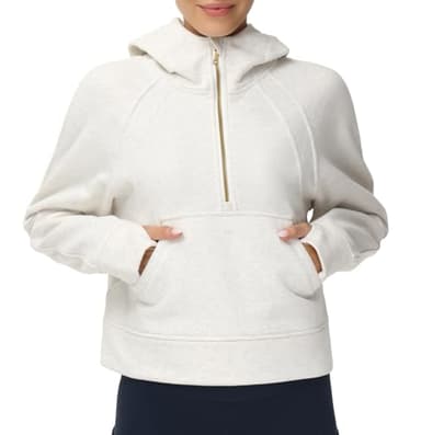 THE GYM PEOPLE Women’s Hoodies Half Zip Long Sleeve Fleece Crop Pullover Sweatshirts with Pockets Thumb Hole Off-white