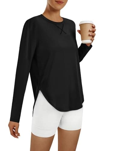 AUTOMET Long Sleeve Workout Tops for Women Hiking Athletic UPF 50+ Sun Rash Guard Shirts Running SPF Gym Quick Dry Clothes Black M