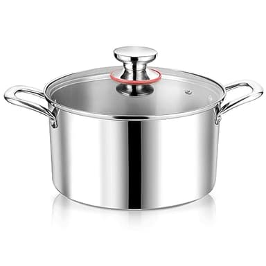 P&P CHEF 4 Quart Tri-Ply Stainless Steel Stock Pot, 4 Qt Stockpot Pasta Cooking Pot with Visible Lid for Soup Vegetable, Induction Cookware for All Stoves, Sturdy & Double Handle, Dishwasher Safe