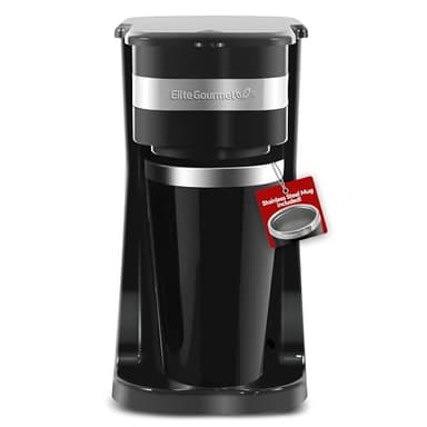 Elite Gourmet EHC113 Personal Single-Serve Compact Coffee Maker Brewer Includes 14Oz. Stainless Steel Interior Thermal Travel Mug, Compatible with Coffee Grounds, Reusable Filter, Black