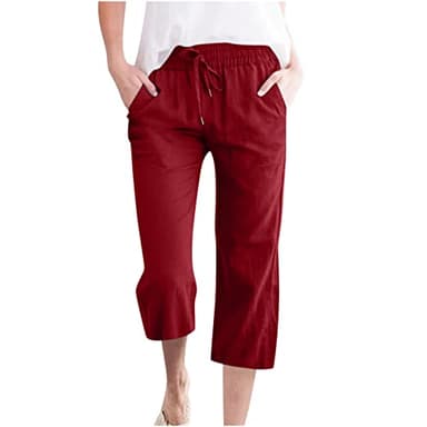 Palazzo Pants for Women Capri Pants Casual 2023 Summer Drawstring Elastic High Waist Linen Pant Straight Wide Leg Cropped Trouser