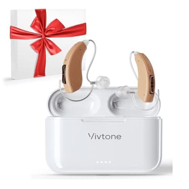 Vivtone Rechargeable Hearing Aids for Seniors Adults, Advanced Multi Channel Digital BTE Hearing Assist, with Recycle Charging Case for 125 Hrs Backup Power, Auto-On/Off, Pair, Lucid508-beige