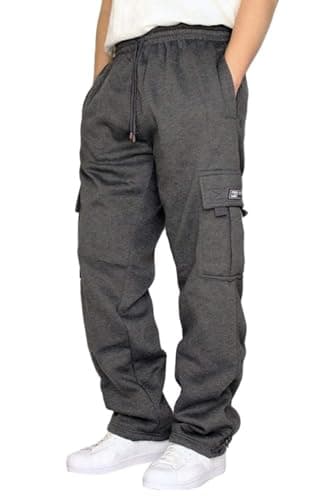 Men's Heavyweight Fleece Baggy Cargo Sweatpants,Drawstring Pants with Pockets,Straight Leg Casual Joggers for Hiking Athletic,Dark Grey