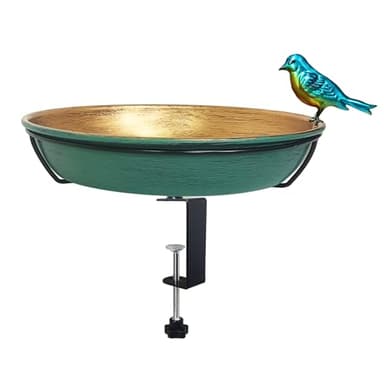 Keygift Deck Bird Bath for Outdoors, 11" Green/Bronze Metal Birdbath Bowl with Big Steel Clamp Backyard Birdbath&Bird Feeder for Railing Balcony Fence Yard Art Garden Decor