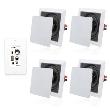 Herdio 5.25 Inches 2-Way Bluetooth Ceiling Speakers with 4 Channel Wall Amplifier, 320W Square in Wall Speaker System for Home Theater Office Kitchen, 2 Pairs