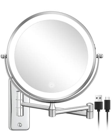 DECLUTTR Wall Mounted Lighted Makeup Mirror, Rechargeable 1X/15X Magnifying Mirror 8 Inch Double Sided, 3 Colors Vanity Mirror with Lights, Touch Dimmable 360° Rotation Foldable