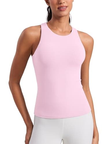 CRZ YOGA Butterluxe Womens Racerback Workout Tank Top with Built in Bra - Padded High Neck Yoga Athletic Camisole Pink Peony Medium