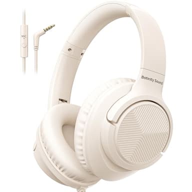 Botesty Sound Headphones Wired with Microphone, Over Ear Foldable 3.5mm Plug in Headphones Corded with 4.9ft Tangle-Free Nylon Cord for Tablet, Laptop, MP3/4, School, Airplane Travel (Beige)