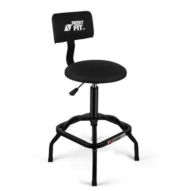 FreekyFit Shop Stool with Backrest, Mechanic Garage Stool for Workshop, Adjustable Shop Stools Chair, Padded Workbench Stools for Men Women, 300 LBS Capacity, 360° Swivel PVC Seat, Heavy Duty, Black