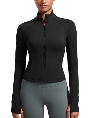 CRZ YOGA Butterluxe Womens Cropped Slim Fit Workout Jacket Weightless Track Athletic Full Zip Up Tops with Thumb Holes Black Small