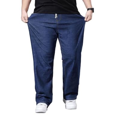 Djeanxa Plus Size Baggy Jeans for Men Elastic Waist Pull On Denim Pants Drawstring Straight Loose Jean Sweatpants L-5XL Navy