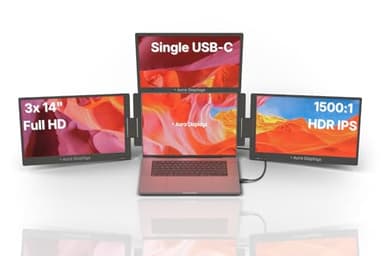 Aura Displays Triple Boost 14” Pro | Premium Triple Portable Monitor Extender | Full Aluminum | Quad Screens | 3×14” FHD 1080P HDR IPS | USB-C & HDMI | Compatible with 11”-18” Laptops