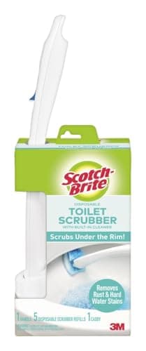 Scotch-Brite Disposable Toilet Scrubber Starter Kit, Disposable Refills with Built-In Bleach Alternative, Includes 1 Handle, Storage Caddy and 5 Refills