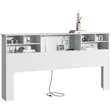 AYEASY King Size Headboard for Bedroom, Stylish Bookcase Headboards with Built-in Charging Station & 2 LED Lights, Engineered Wood Noise-Free Head Board King Size with Storage, White