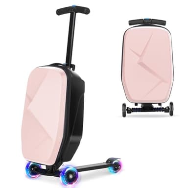 Scooter Luggage For Kids & Adults， Hardside Ride On Suitcase For Kids Ages 4-15 Multifunctional Lightweight Foldable Carry On Luggage With Wheels Ride On For Children Teenagers (Light Pink, 20")