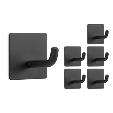 Livabber Adhesive Towel Hooks, 304 Stainless Steel Self Sticky Wall Hooks Waterproof Shower Hooks for Robe/Clothes, No Drilling Towel Hangers for Bathroom Kitchen Bedroom (Black, 6 Packs)