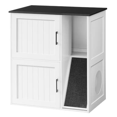 MAHANCRIS Litter Box Enclosure for 2 Cats, Hidden Litter Box Furniture with Scratch Pad, Double Litter Boxes Enclosure, Wooden Cat Washroom, Indoor Cat House End Table, White and Black CWBB3201