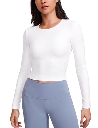 CRZ YOGA Butterluxe Womens Long Sleeve Crop Yoga Shirts Slim Fit Cropped Workout Tops Athletic Casual Basic Tight Shirt White Medium