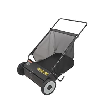 Grass One 26 Inch Push Lawn Sweeper, Leaf and Grass Collector with 7 Cu.Ft Mesh Bag, 4 Spinning PP Brushes, Durable Steel Construction, Adjustable Height & Rubber Tires for Yard Cleanup